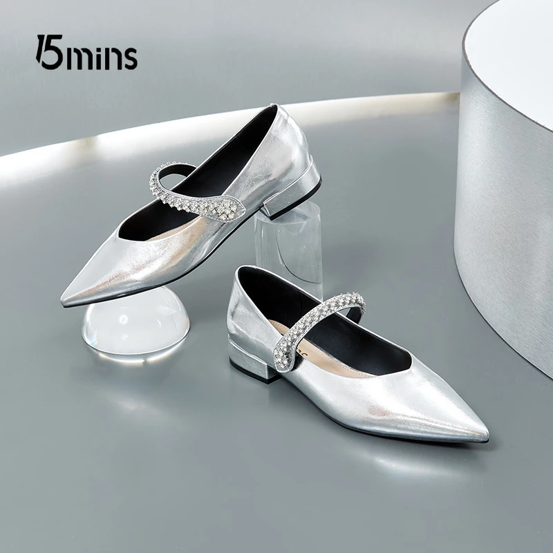 15MINS银色单鞋女春2024年新款尖头浅口小皮鞋气质工作鞋气质女鞋
