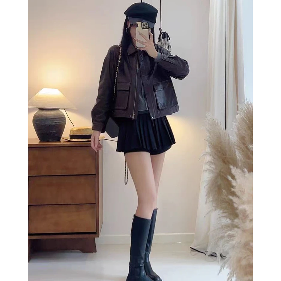 进口绵羊皮外套女短款2024秋高端翻领复古老钱风真皮皮衣拉链夹克