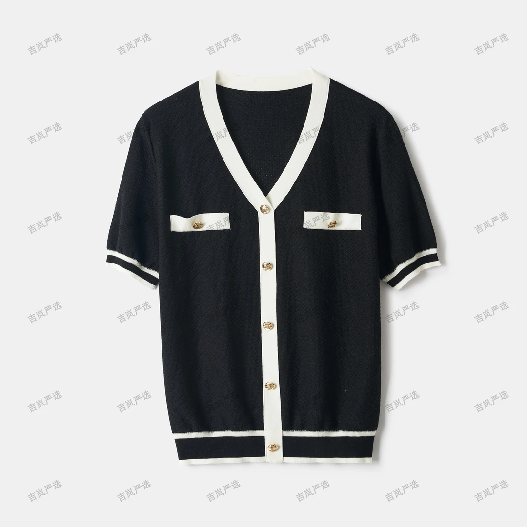 【吉岚严选】夏季气质轻奢小香风设计师撞色V领针织衫LJ84024