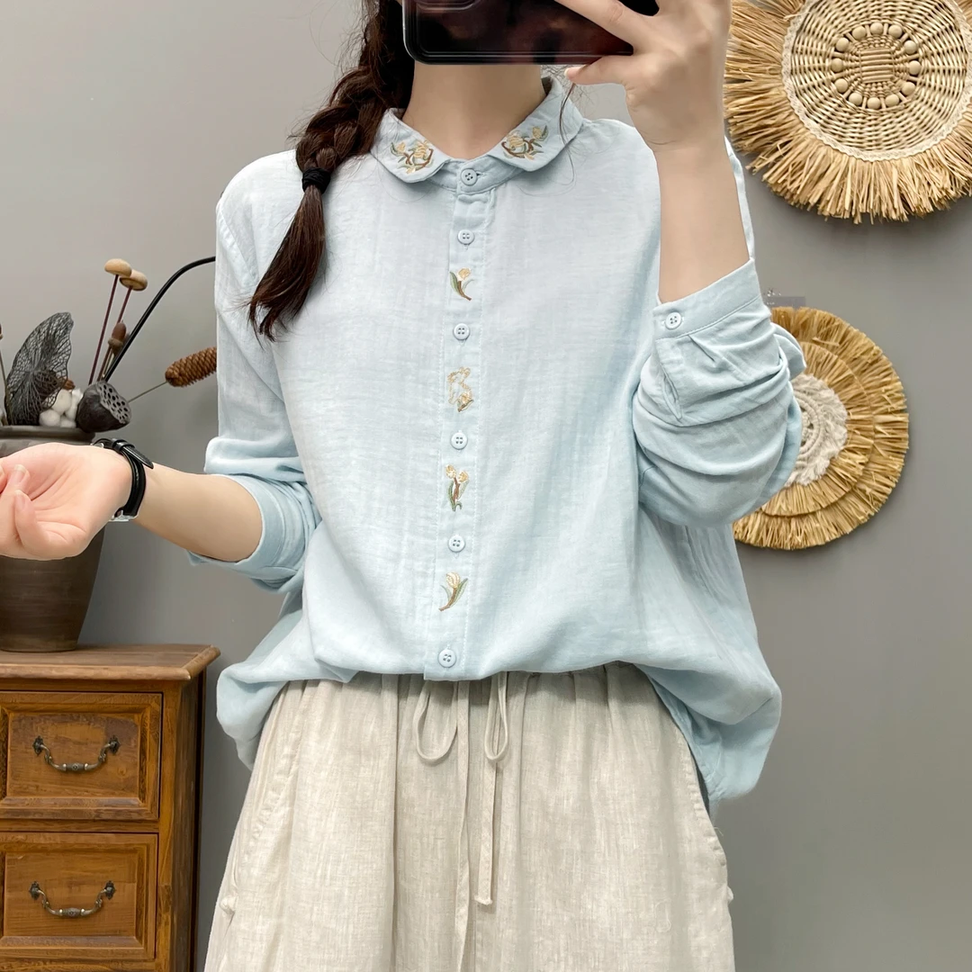 2821双层棉纱长袖衬衫女森系文艺绣花娃娃领漂亮别致叠穿内搭打底