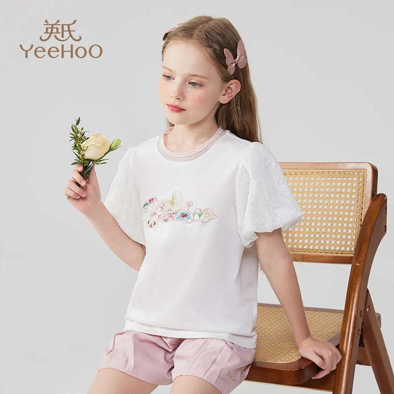 英氏短袖T恤夏季中大童闪闪泡泡袖洋气儿童上衣YS2302051YQ