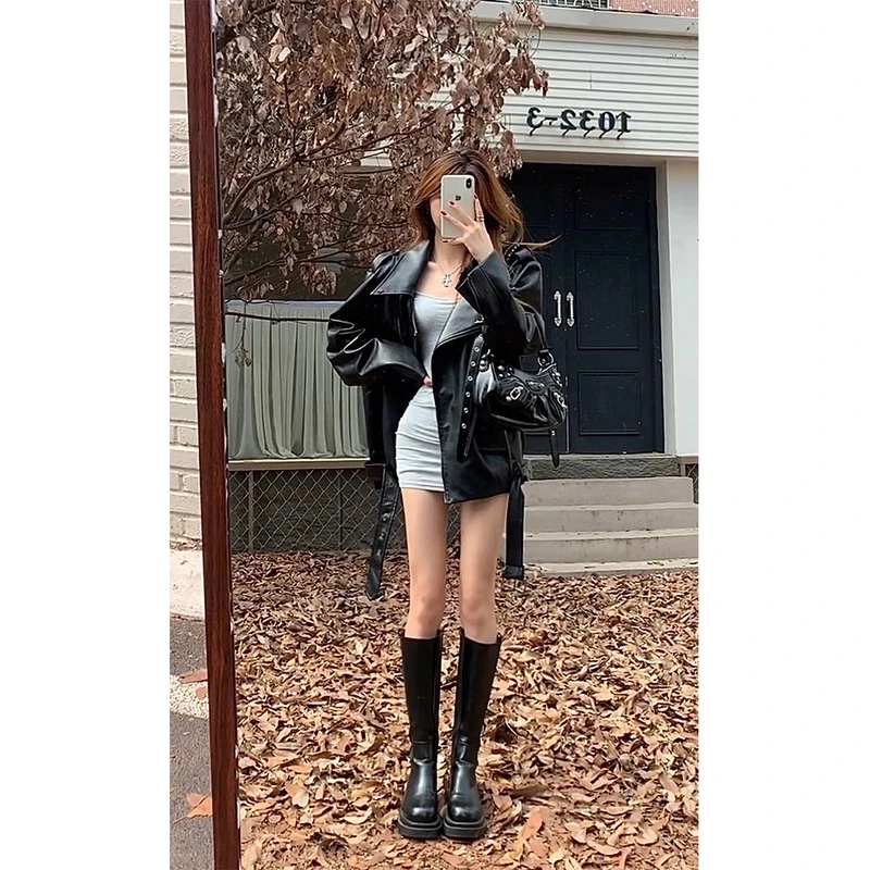 MODO中长款黑色皮衣外套女秋韩版机车风oversize夹克