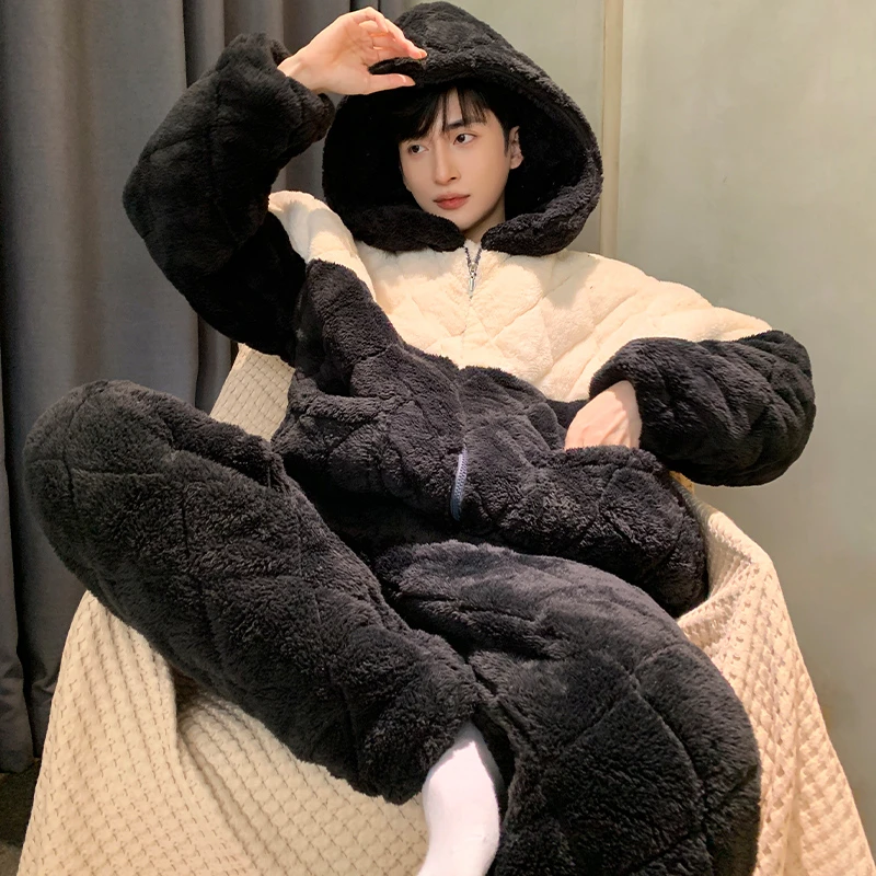 三层夹棉男士睡衣套装冬季2023新款超厚家居服连帽加厚加绒可外穿