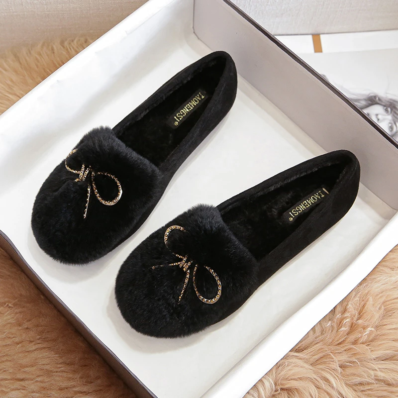 毛毛鞋女秋冬季外穿厚底深口圆头兔毛单鞋女豆豆鞋加绒保暖棉瓢鞋