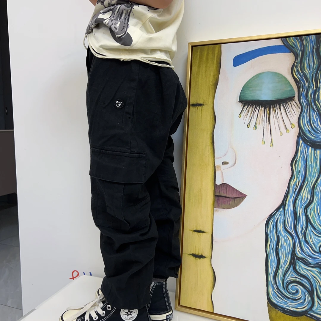 24款春夏男童女童亚麻工装裤刺绣印花工装卫裤时尚亚麻舒适休闲裤