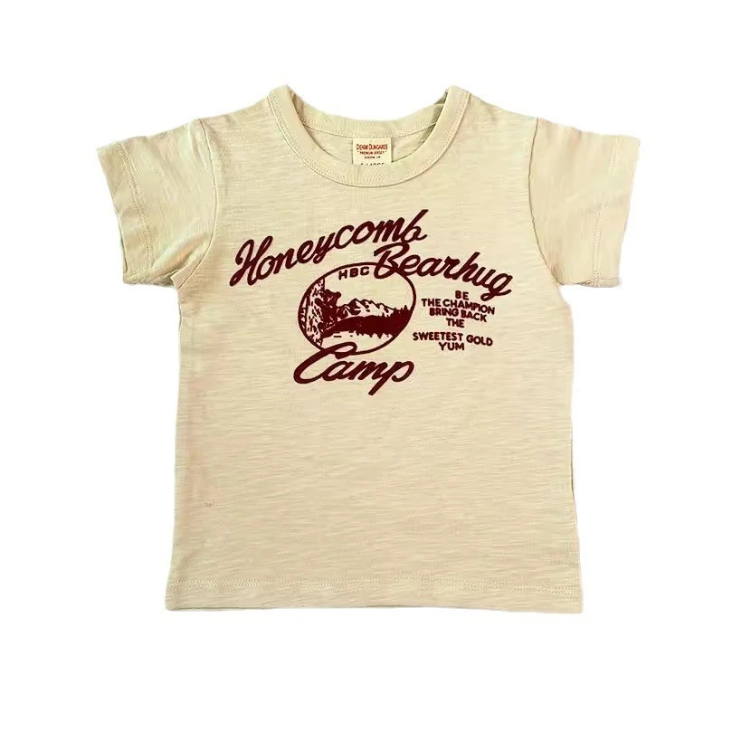 夏季男童女童短袖T恤小狗刺绣花印花圆领短袖休闲百搭儿童短袖T恤