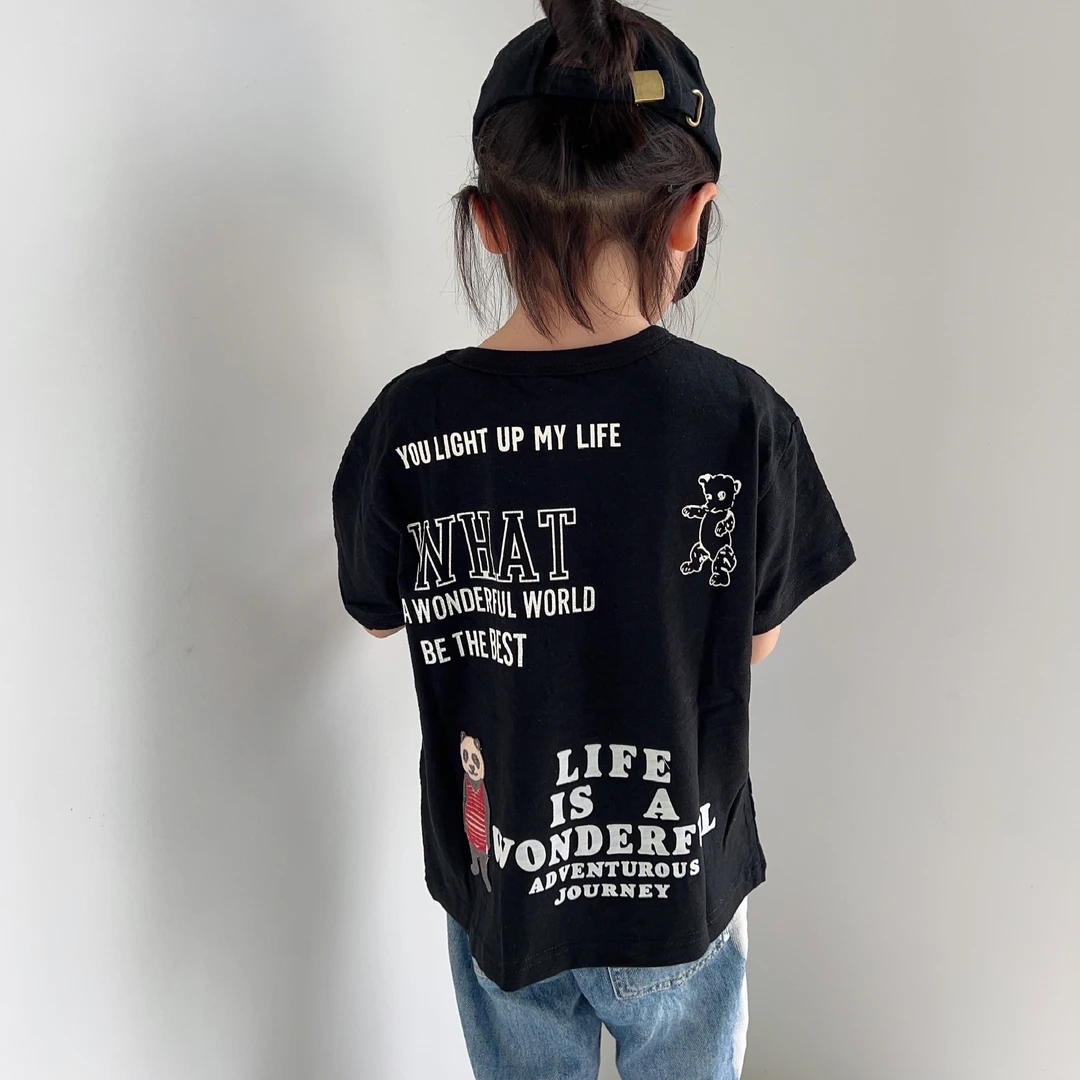 【伍悦童装】夏季男童女童短袖T印花圆领中性圆领大童上衣黑白经典T