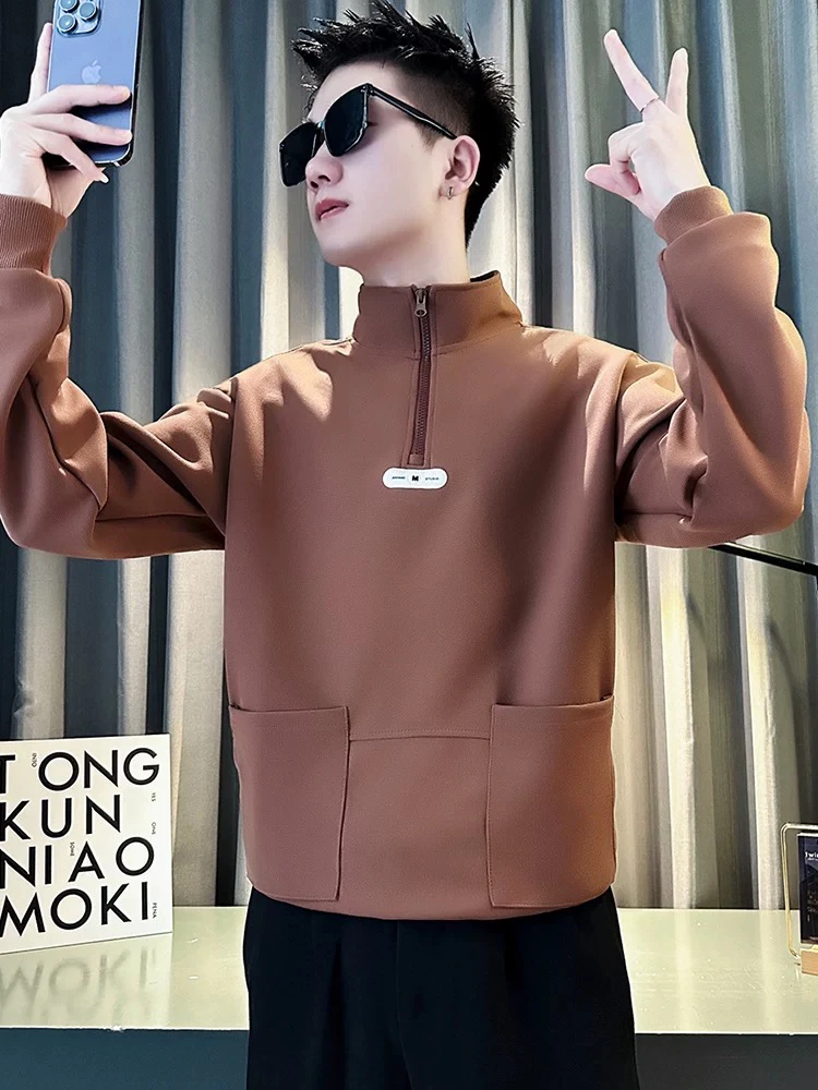 潮牌半拉链卫衣男春秋款休闲痞帅长袖打底衫2024新款男士秋装上衣