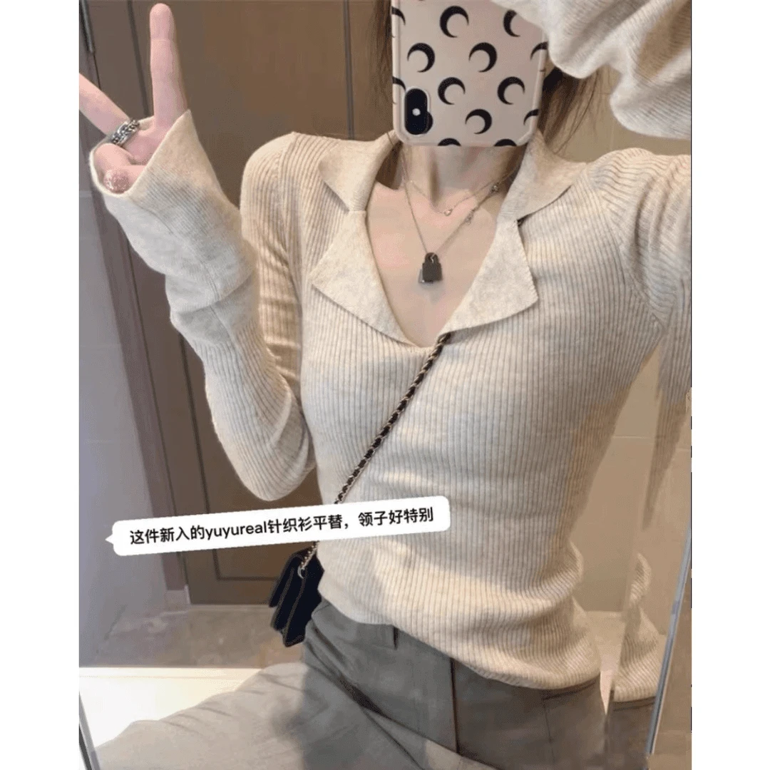 法式新款小众POLO针织衫设计感打底衫毛衣女秋季修身显瘦内搭上衣