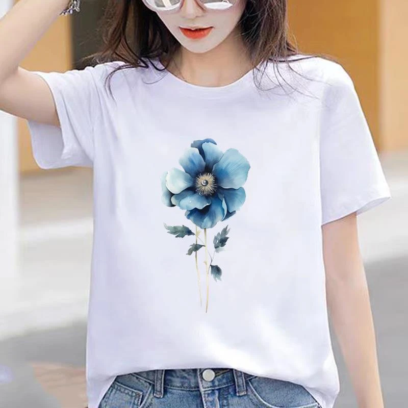 网红通勤时尚女士爆款花朵气质休闲ins洋气印花圆领上衣短袖T恤