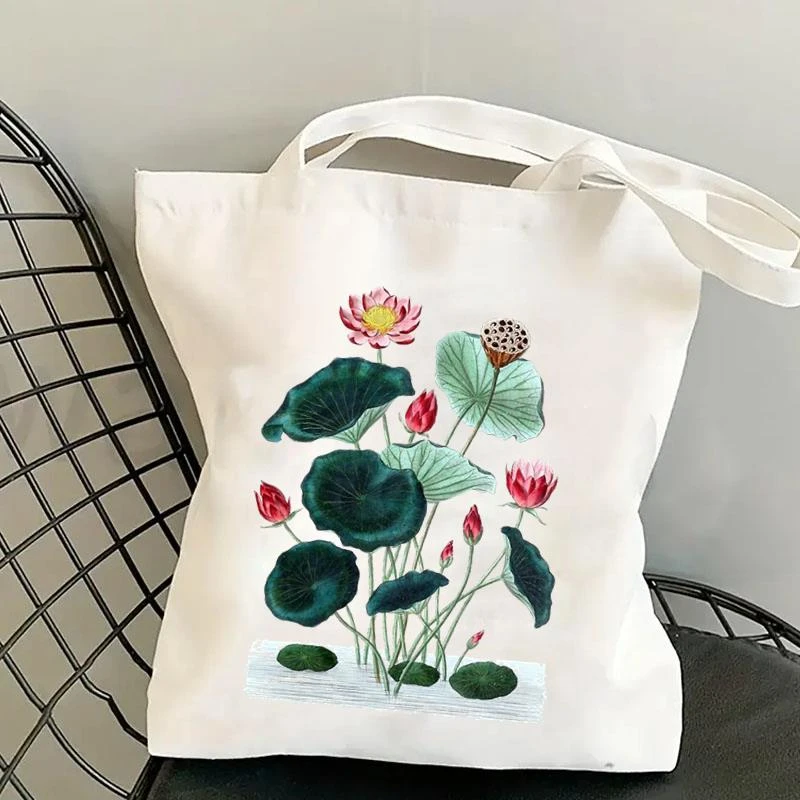 荷花帆布包休闲ins网红手提包女印花韩版单肩包手提袋环保帆布袋