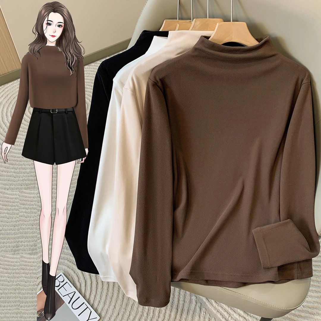 大码纯色百搭半高领德绒长袖T恤内搭打底衫