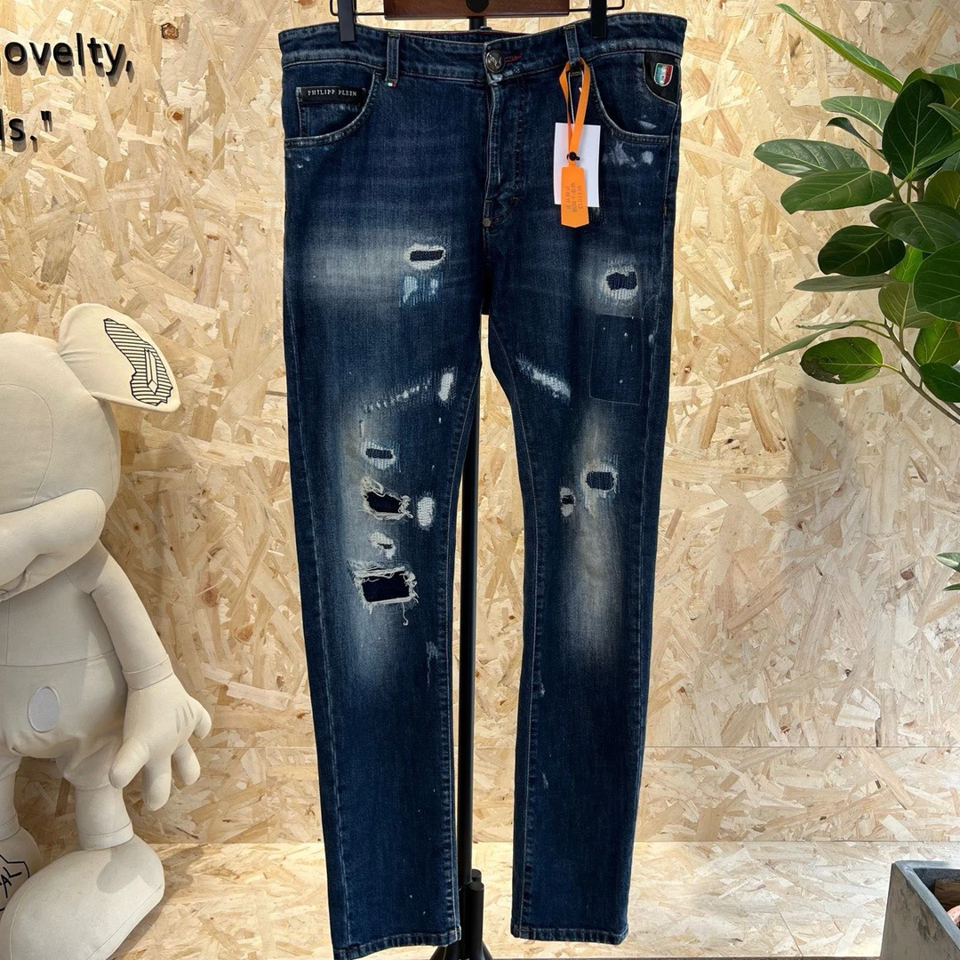 PHILIPP PLEIN 破坏刺绣徽章直筒修身牛仔裤/95 新/34码/CL01438
