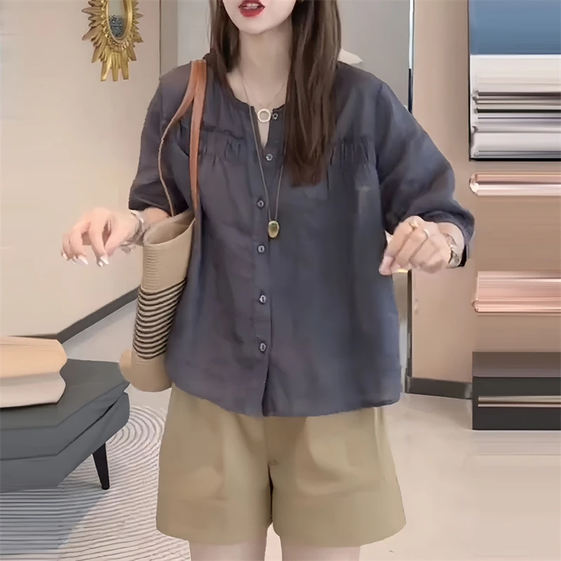 洋气韩版轻奢衬衫夏季新款短袖时尚宽松女装单排扣流行上衣