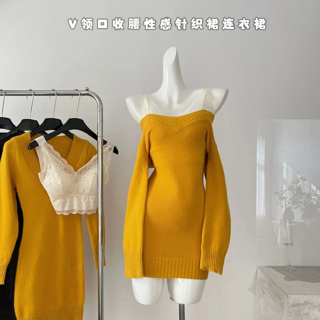 你的懒懒llan晴日初雪纯欲辣妹深V领口收腰性感针织裙连衣裙