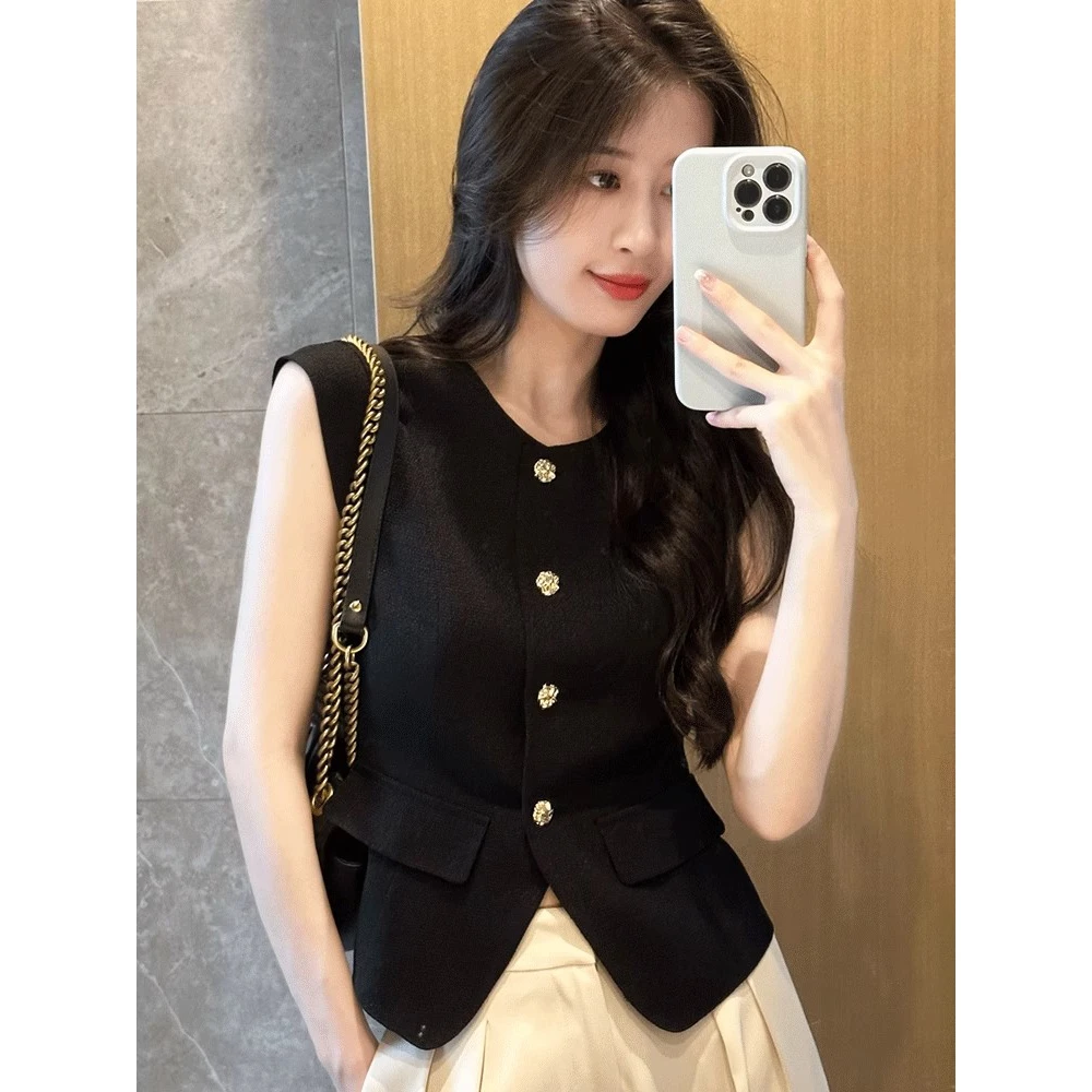 法式有内里黑色小香风马甲背心女夏季外穿薄款小马夹无袖上衣