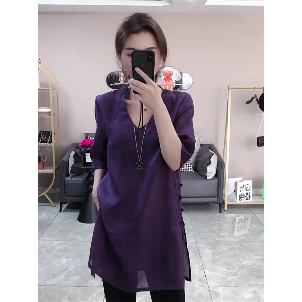 时尚百搭复古盘扣设计感T恤女欧货夏季中长款显瘦遮肉百搭上衣