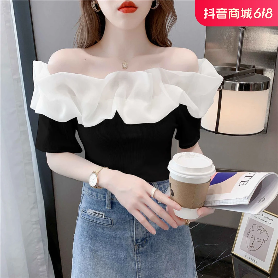 超仙气一字肩别致洋气上衣网纱拼接短袖t恤一字领修身短款露肩
