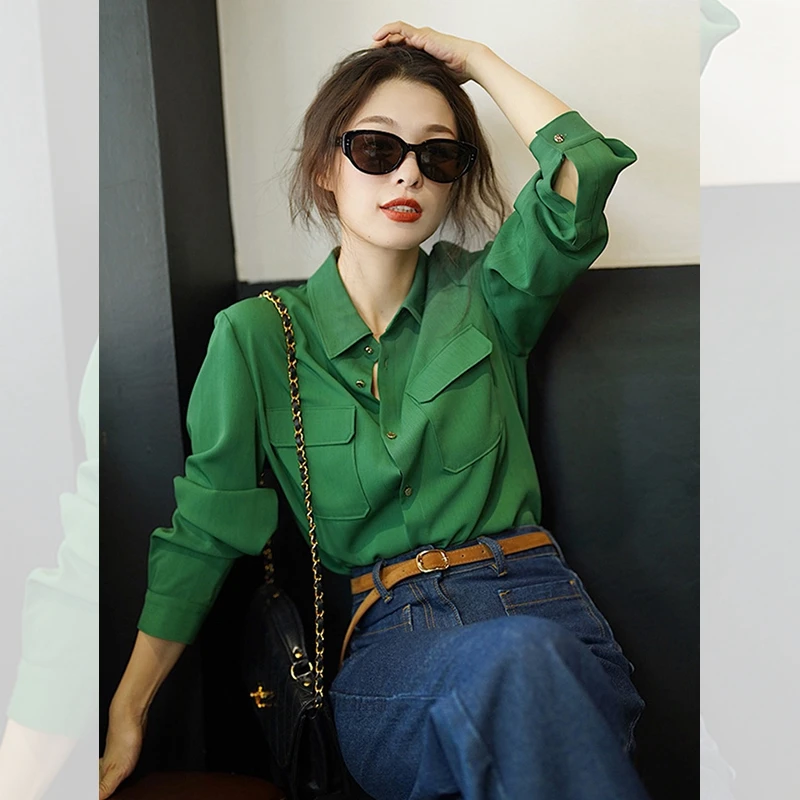 绿色长袖衬衫早春上衣女新款小众别致漂亮洋气小衫法式御姐