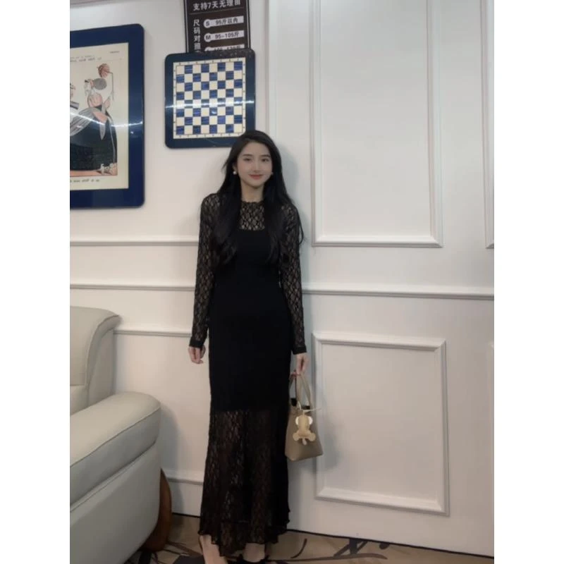 2025新款蕾丝长袖显瘦早秋黑色连衣裙性感风两件套套装长裙
