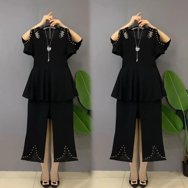 +欧货时尚洋气露肩短袖上衣+裤子夏季大码女装气质显瘦减龄两件套
