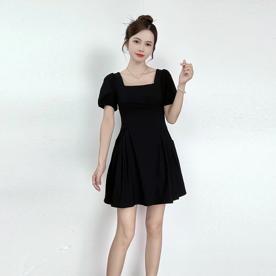 ASY/2024夏季新款赫本风小个子方领气质收腰A字短款连衣裙