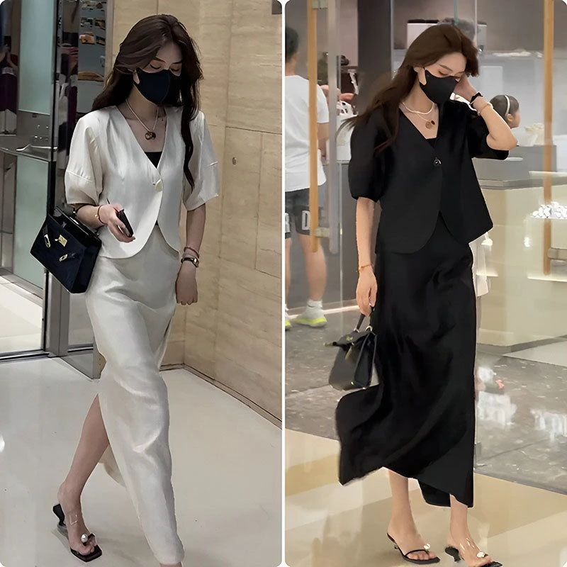 感港风时尚套装裙女夏胖洋气泡泡袖夏季西装气质开叉半身裙