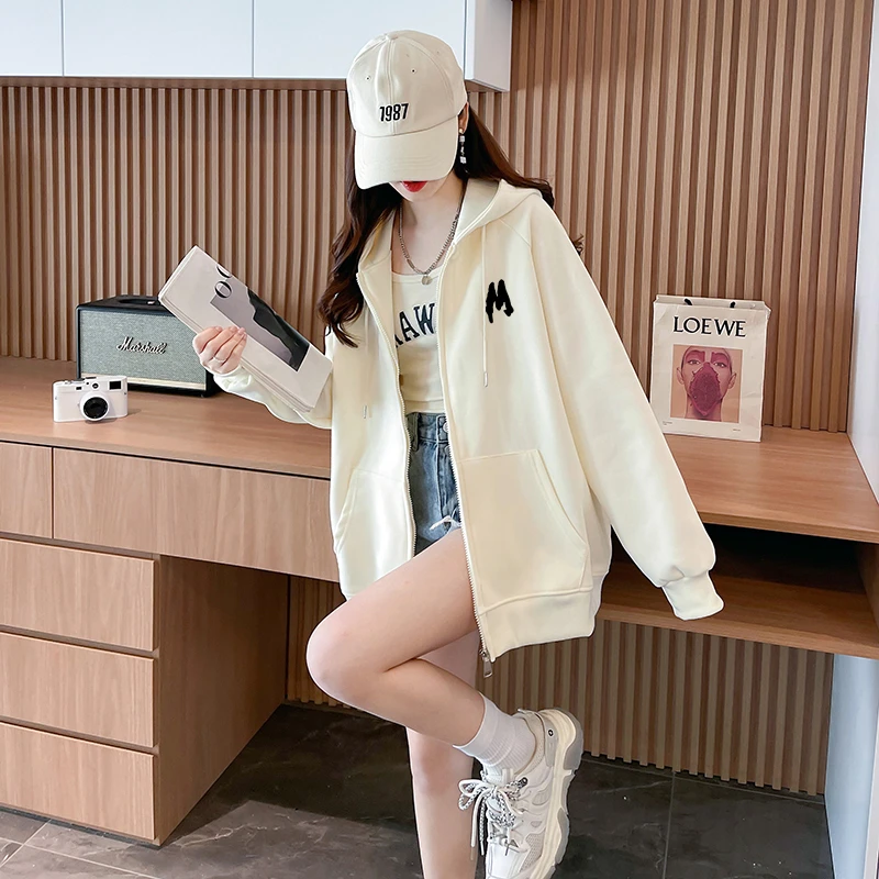 杏色卫衣开衫外套初中高中学生春秋2025新款少女大童休闲宽松上衣