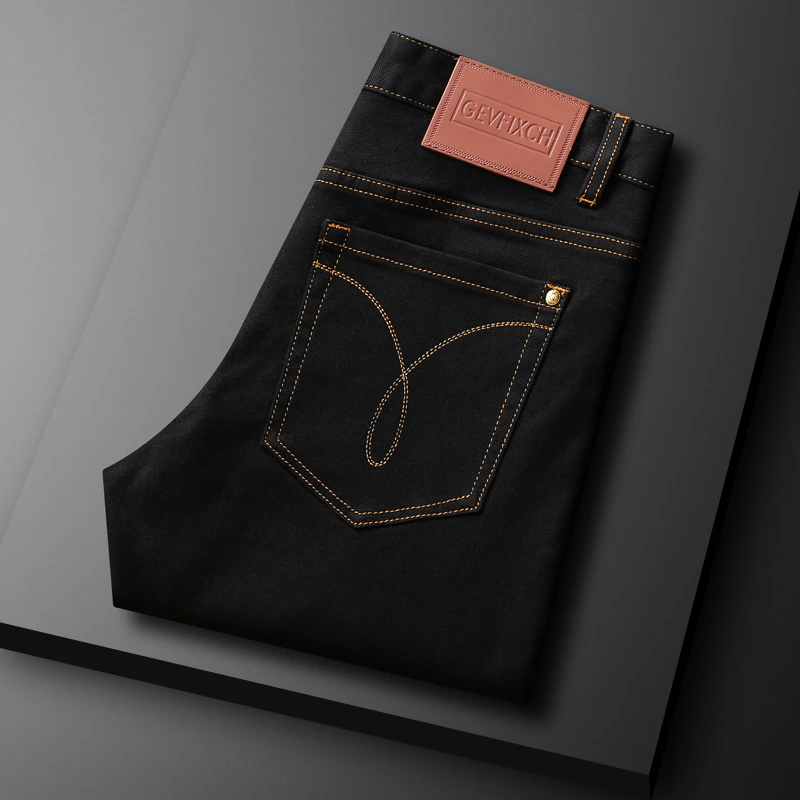 费韦戈摩黑色辑明线牛仔裤男款潮流黄线弹力修身百搭长裤子青年