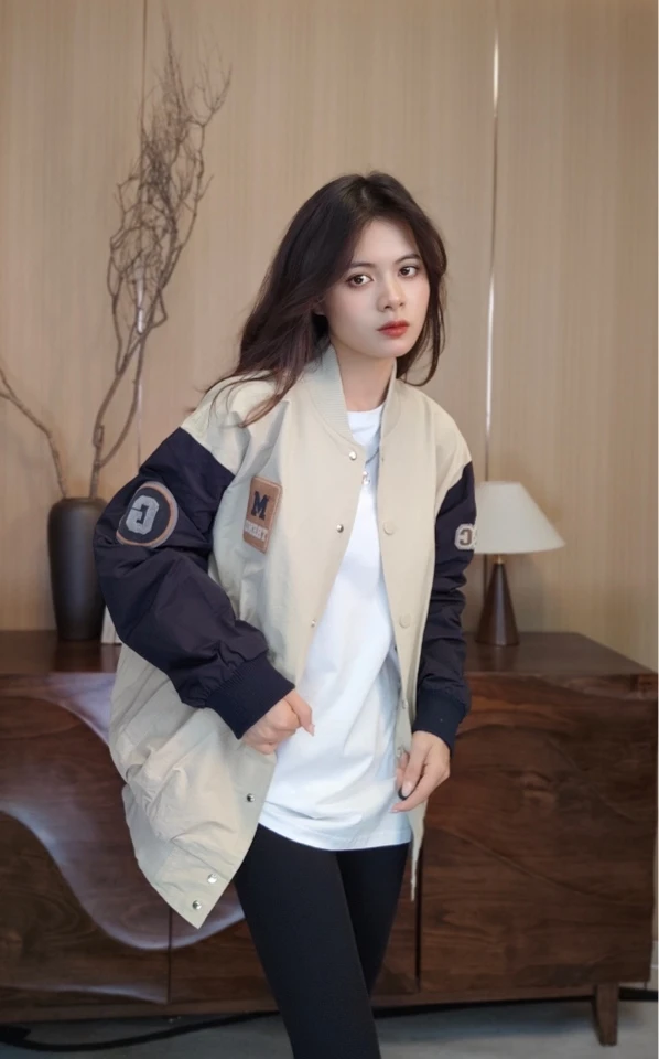 新款美式学院风棒球服宽松显瘦拼接夹克外套女 8812