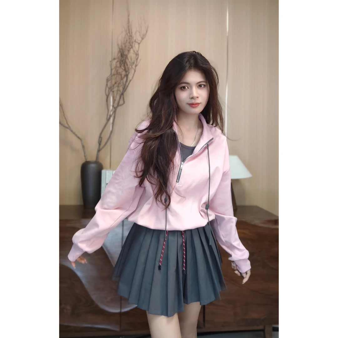 立领拉链套头显瘦拼接假两件件休闲上衣 5330