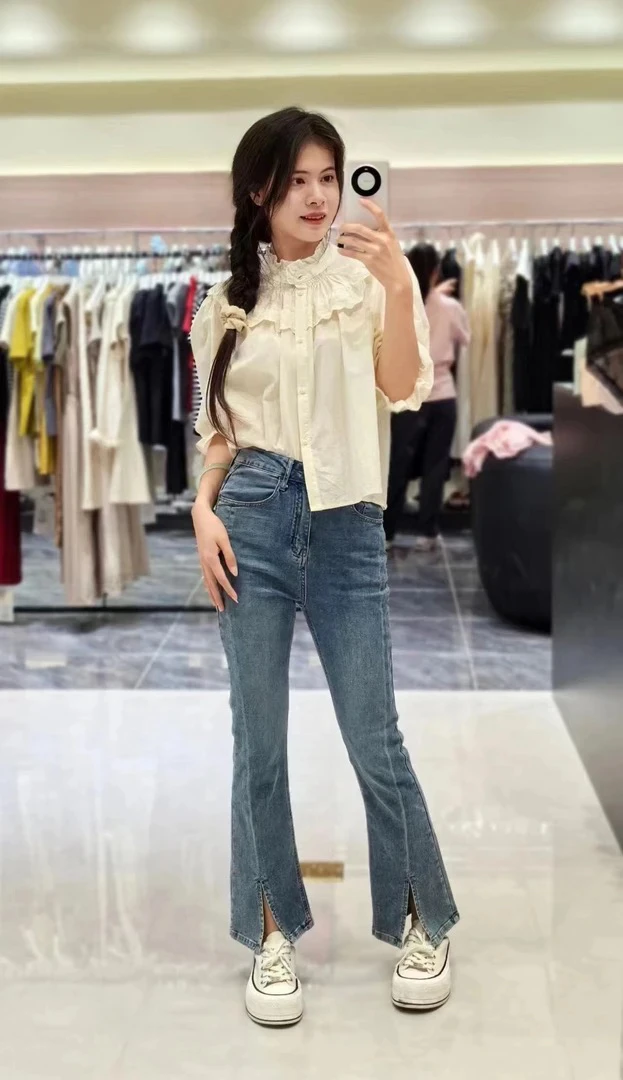 夏薄款高腰两粒扣前开叉微喇裤休闲牛仔裤 0259