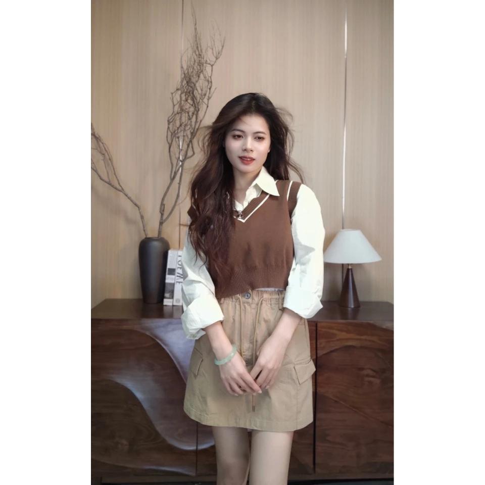 喜大东新款韩版小马针织背心拼接衬衫假两件上衣 6807