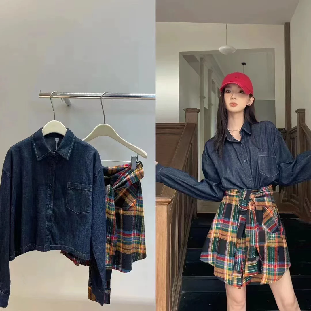 2024秋时尚百搭翻领单排扣口袋长袖牛仔衬衫女潮衣裙两件套 6863