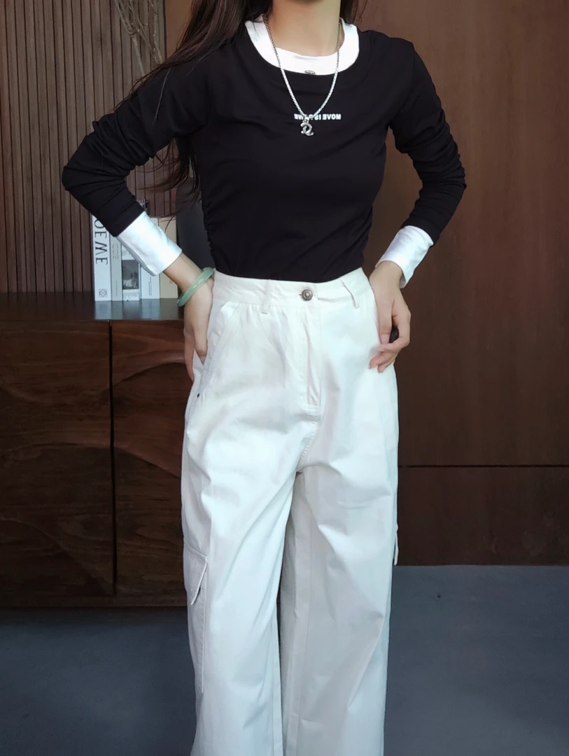 水立坊简约通勤撞色圆领打底衫女秋季新款内搭上衣 2003