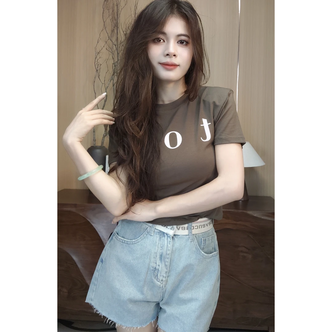 夏季新款修身显瘦字母印花短袖T恤短款上衣女 3044