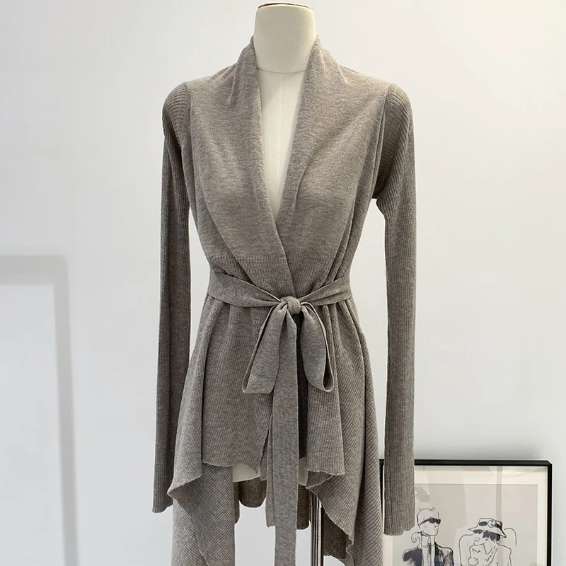 秋冬季不规则设计感收腰系带针织开衫女装新款设计感气质显瘦上衣