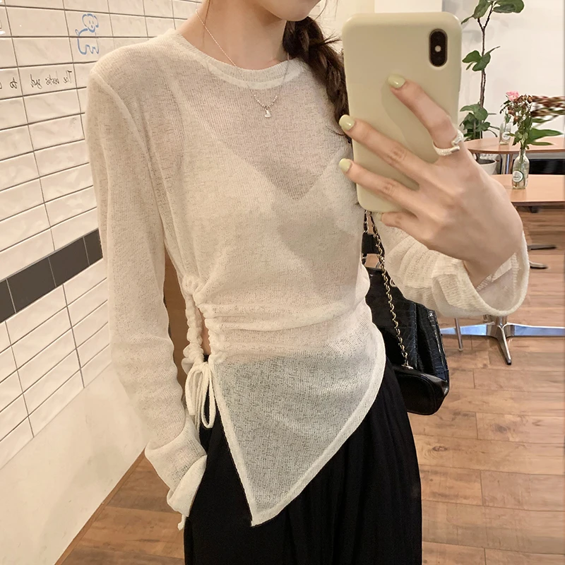 纯色薄款微透v领长袖T恤宽松防晒罩衫慵懒风罩衣下摆露腰抽褶上衣