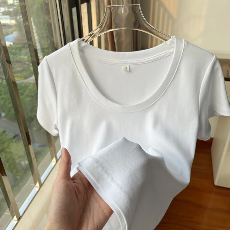 白色百搭大领口正肩体恤T恤女2025新款春夏季u领打底修身低领上衣