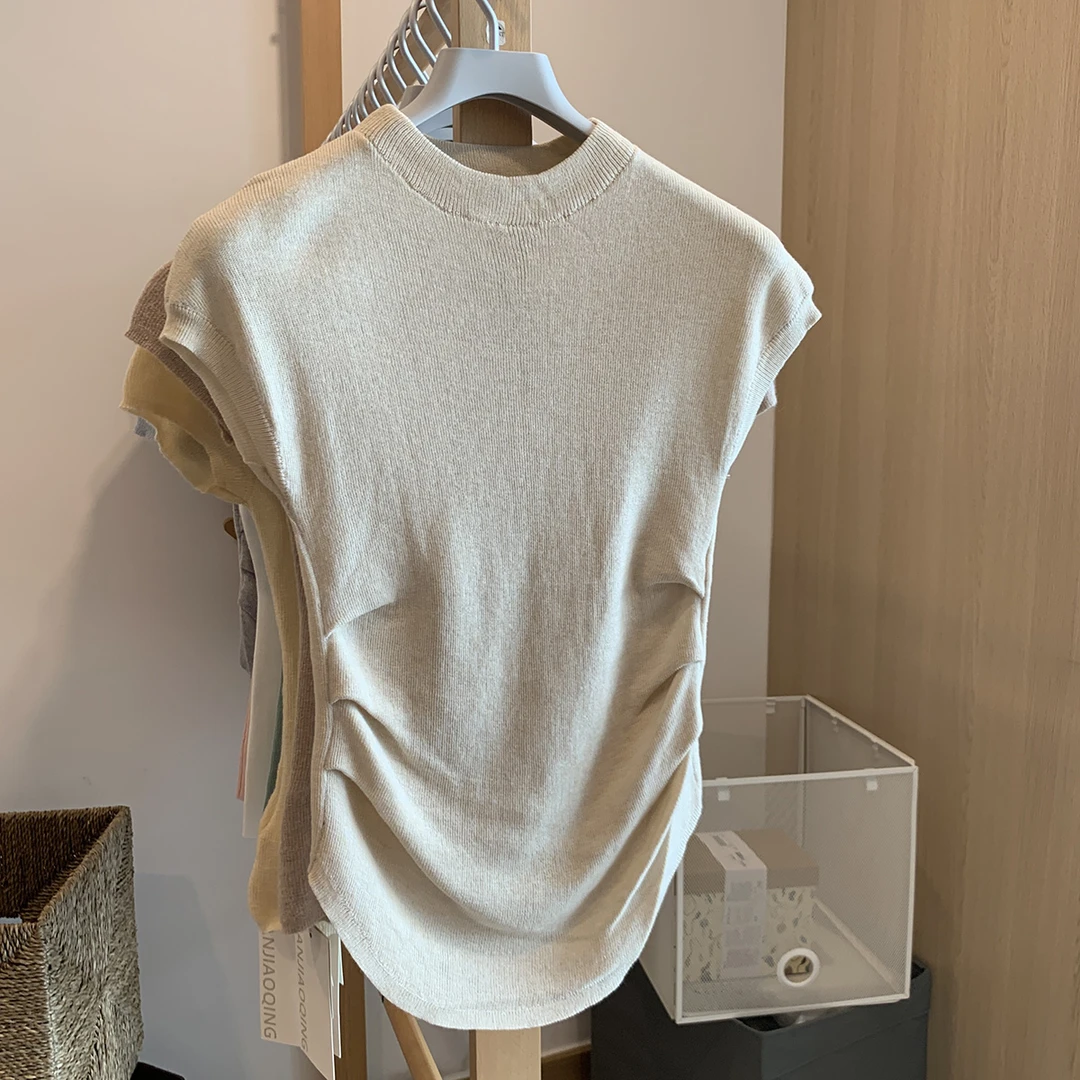 夏季设计感褶皱美式辣妹小立领短袖T恤女紧身收腰显瘦圆领上衣ins