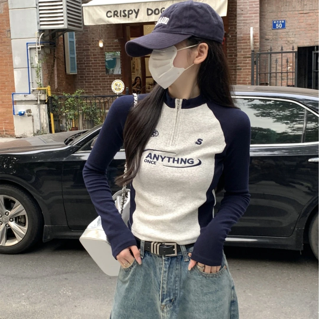 韩版拉链半高领秋冬插肩撞色刺绣纯棉长袖T恤内搭女上衣