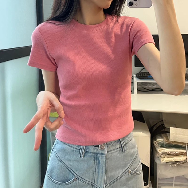 粉色夏天短袖T恤显瘦圆领叠穿短款美式修身正肩女夏秋新品打底衫