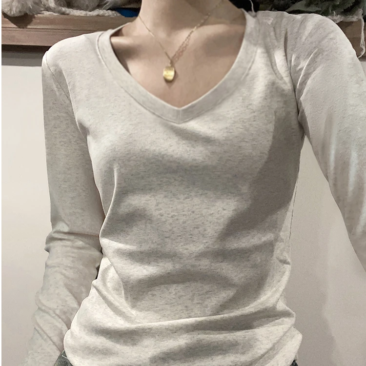 正肩V领长袖t恤女春秋季基础套头上衣内搭纯色收腰修身显瘦打底衫