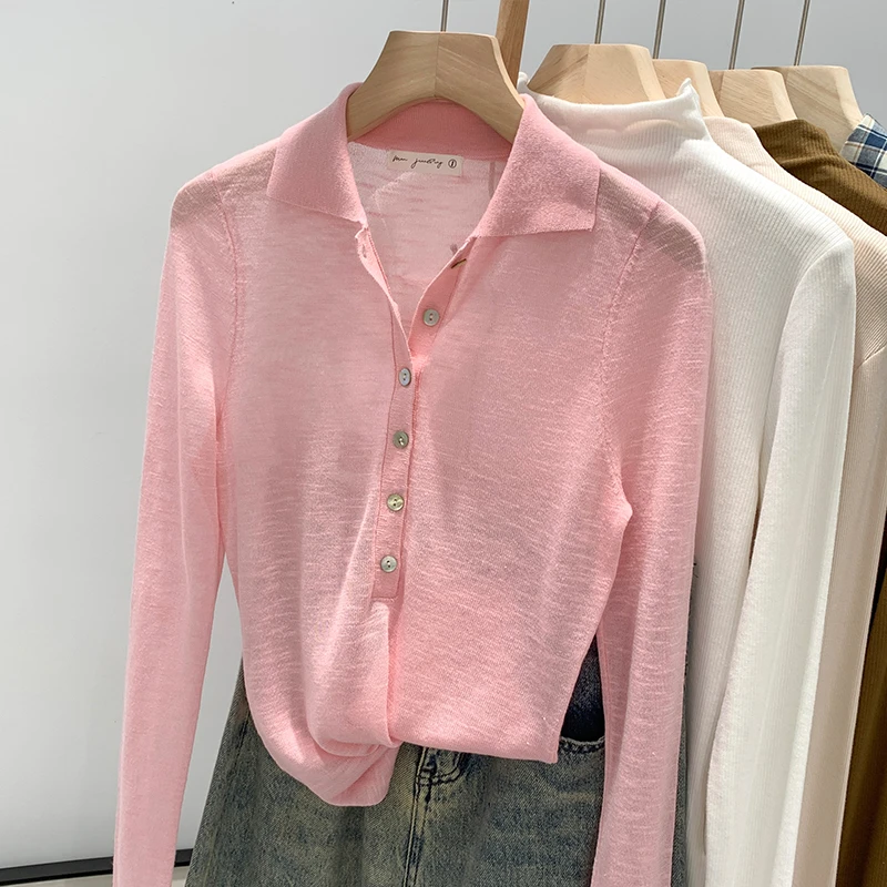 纯欲微透薄纱防晒罩衫半排纽扣翻领长袖T恤女早秋韩系辣妹POLO衫