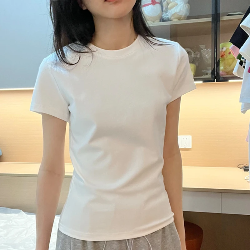 基础款正肩棉质短袖T恤女夏季修身显瘦紧身纯色打底衫气质上衣