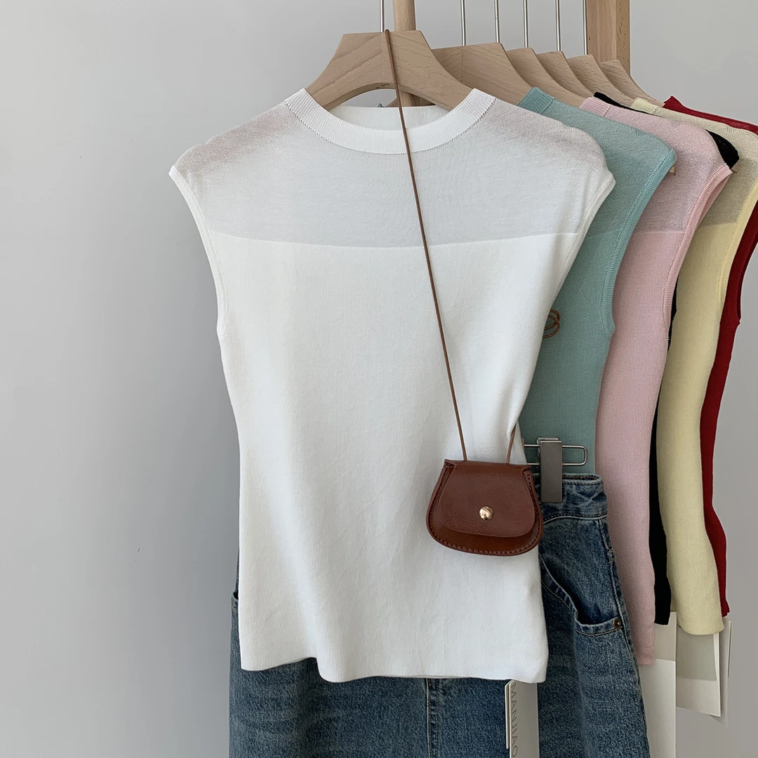 2024夏季新款冰丝纯欲风网纱正肩拼接无袖针织t恤女修身通勤上衣