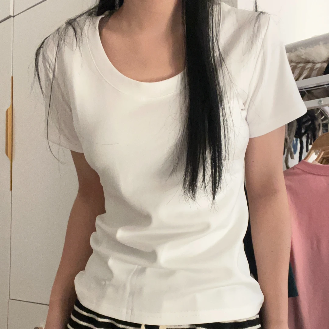 U领正肩纯色短袖t恤女2025夏季新款棉质体恤半袖白色低领基础上衣