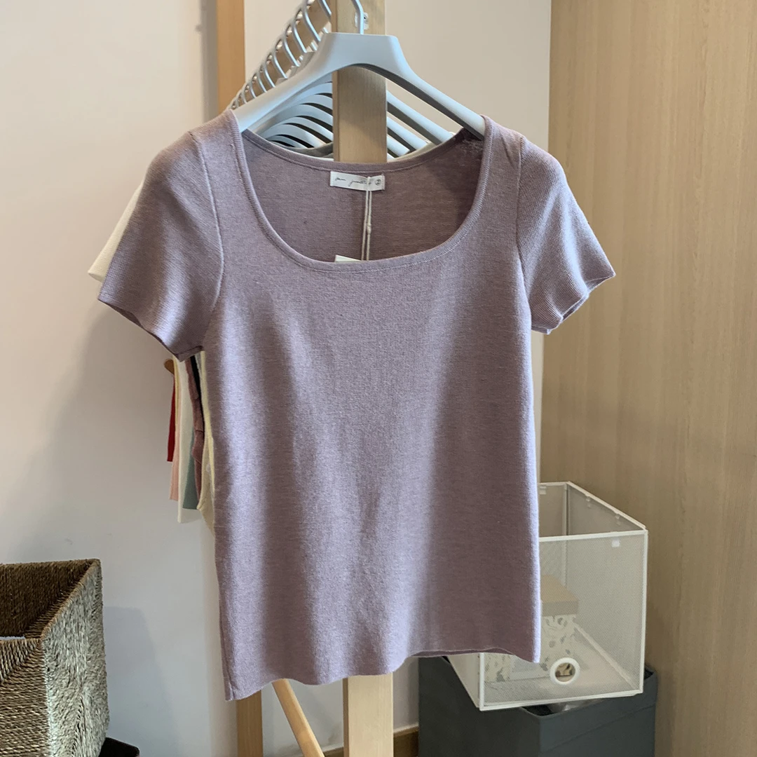 2024新款夏季方领短袖上衣大领口正肩针织衫修身显瘦ins