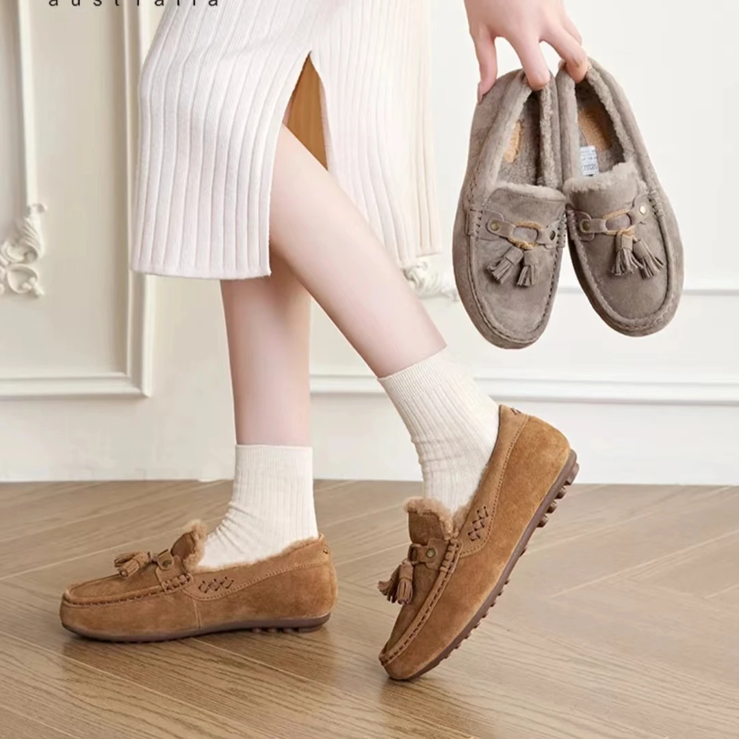 OZZEG澳泽格秋冬加绒豆豆鞋女皮毛一体棉鞋真皮流苏毛毛鞋2FD01