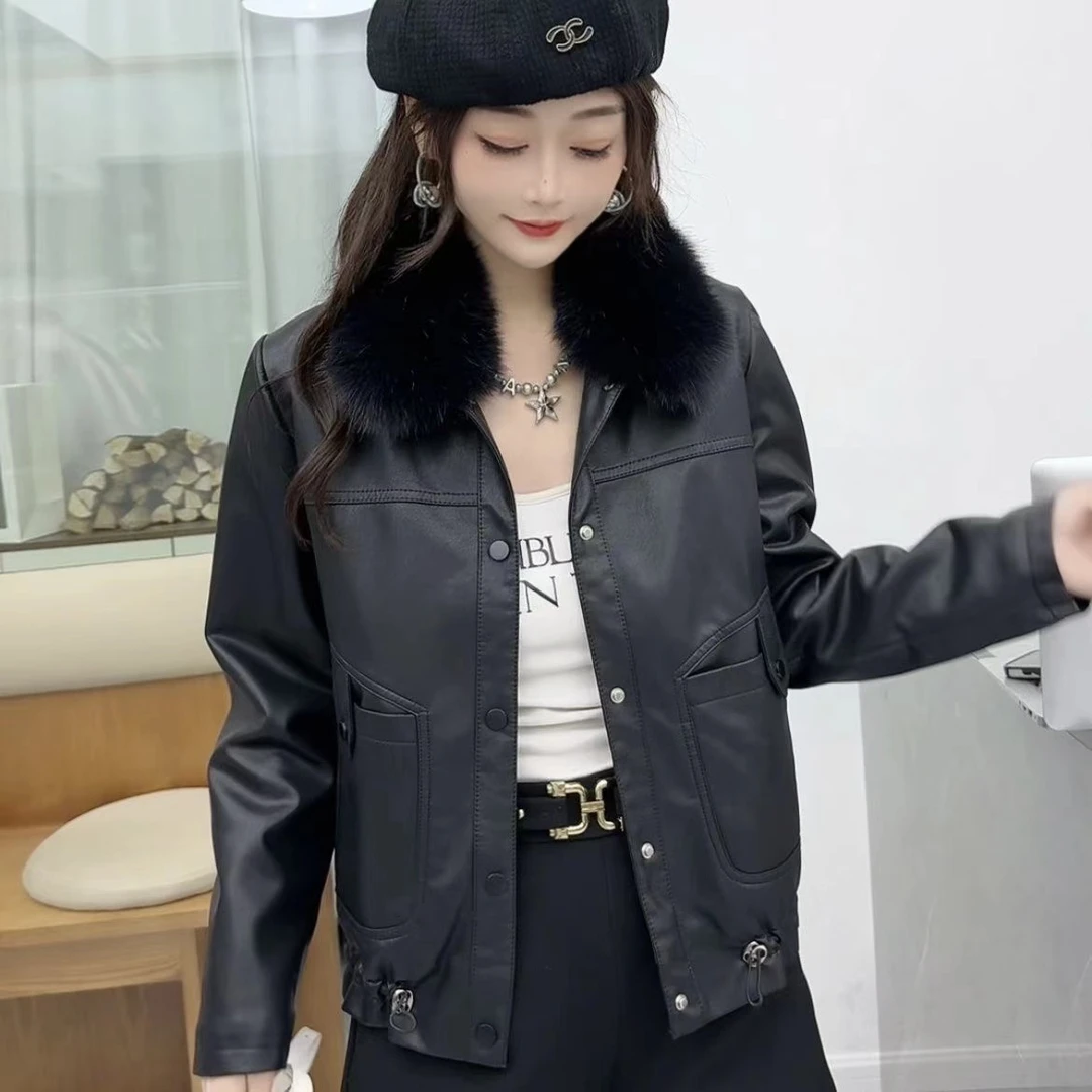 网红加绒加厚皮衣外套女2024冬季新款时尚洋气可拆卸毛领百搭上衣